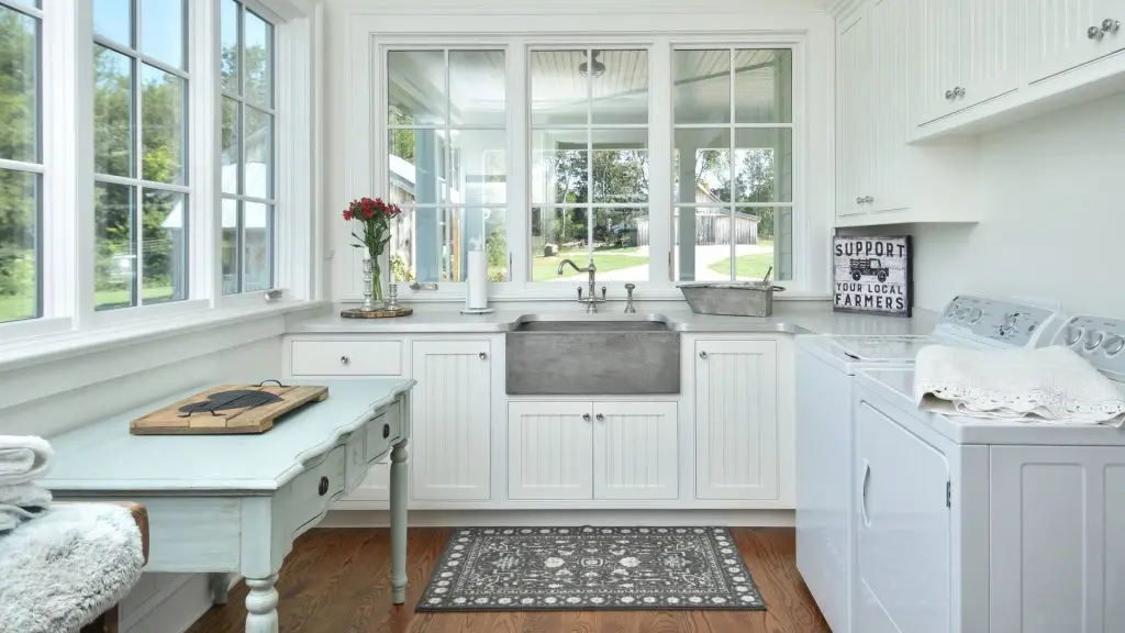 Farm Sink with Light Gray Laundry Room Cabinets - Transitional - Laundry  Room