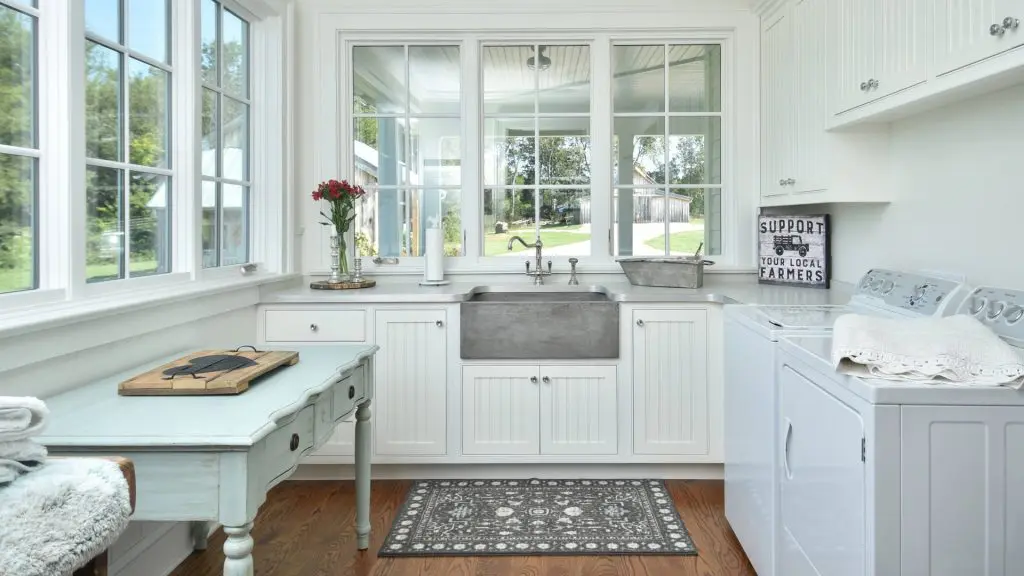 Farmhouse Sink with Gray Laundry Room Cabinets - Transitional - Laundry Room