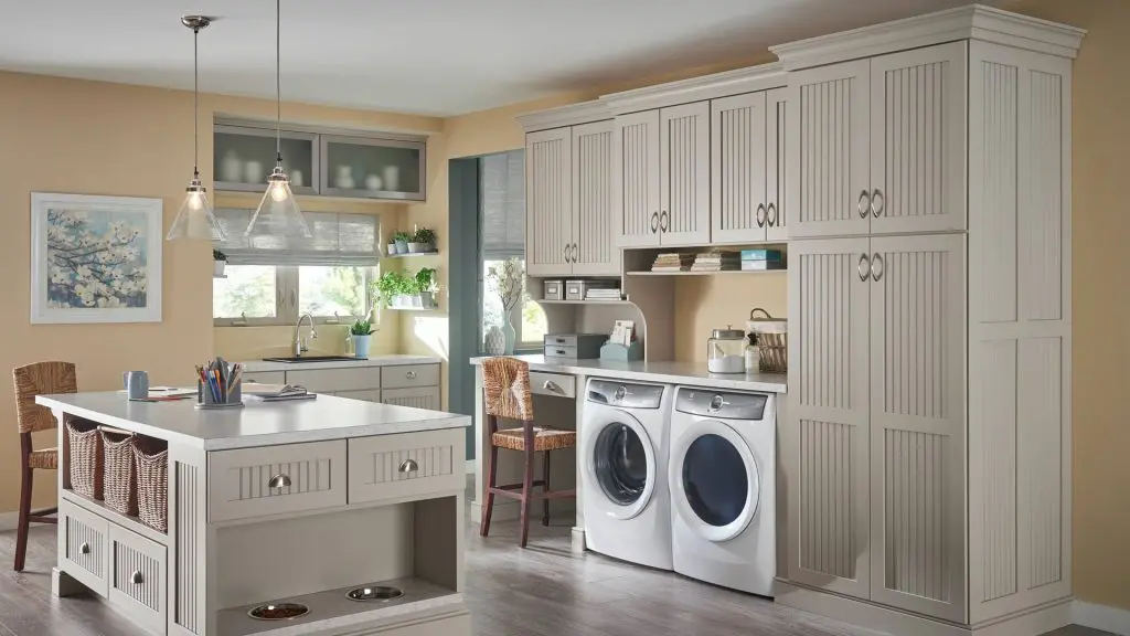 Silver LG Washer and Dryer Under Wood Countertop - Transitional - Laundry  Room