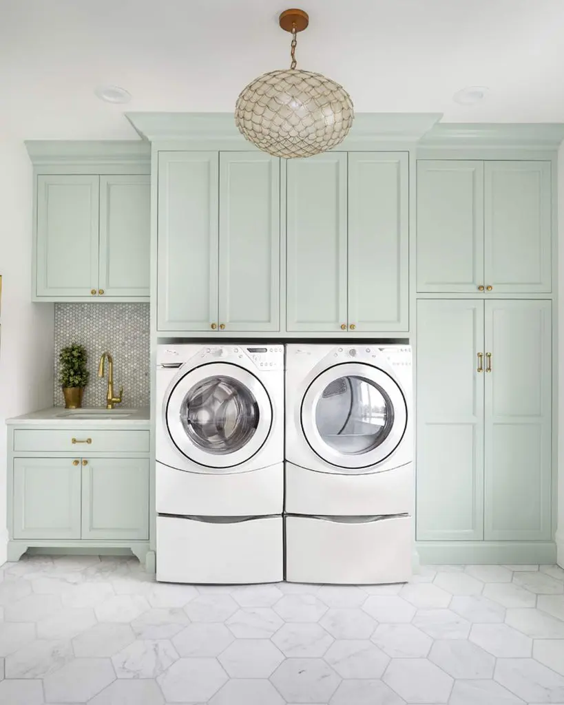 Farm Sink with Light Gray Laundry Room Cabinets - Transitional